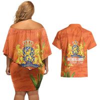Koningsdag Netherlands King's Day Couples Matching Off Shoulder Short Dress and Hawaiian Shirt Oranje Boven Holland Tulips