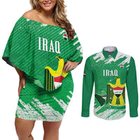 Iraq Football Custom Couples Matching Off Shoulder Short Dress and Long Sleeve Button Shirt Come On Lions of Mesopotamia