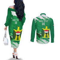 Iraq Football Custom Couples Matching Off The Shoulder Long Sleeve Dress and Long Sleeve Button Shirt Come On Lions of Mesopotamia