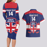 Custom Great Britain Hockey Couples Matching Long Sleeve Bodycon Dress and Hawaiian Shirt Go GB Team - Wonder Print Shop
