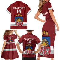 Custom Latvia Hockey Family Matching Short Sleeve Bodycon Dress and Hawaiian Shirt 2024 Go Latvija - Wonder Print Shop