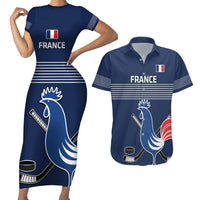 Custom France Hockey Couples Matching Short Sleeve Bodycon Dress and Hawaiian Shirt Francaise Gallic Rooster - Wonder Print Shop