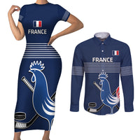 Custom France Hockey Couples Matching Short Sleeve Bodycon Dress and Long Sleeve Button Shirt Francaise Gallic Rooster - Wonder Print Shop
