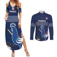 Custom France Hockey Couples Matching Summer Maxi Dress and Long Sleeve Button Shirt Francaise Gallic Rooster - Wonder Print Shop