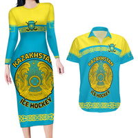 Custom Kazakhstan Hockey Couples Matching Long Sleeve Bodycon Dress and Hawaiian Shirt 2024 Go Kazakh - Wonder Print Shop
