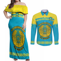Custom Kazakhstan Hockey Couples Matching Off Shoulder Maxi Dress and Long Sleeve Button Shirt 2024 Go Kazakh - Wonder Print Shop