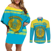 Custom Kazakhstan Hockey Couples Matching Off Shoulder Short Dress and Long Sleeve Button Shirt 2024 Go Kazakh - Wonder Print Shop