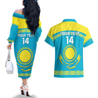 Custom Kazakhstan Hockey Couples Matching Off The Shoulder Long Sleeve Dress and Hawaiian Shirt 2024 Go Kazakh - Wonder Print Shop