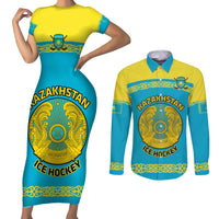 Custom Kazakhstan Hockey Couples Matching Short Sleeve Bodycon Dress and Long Sleeve Button Shirt 2024 Go Kazakh - Wonder Print Shop