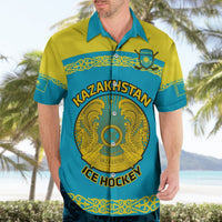Turquoise and yellow hockey Hawaiian shirt with KAZAKHSTAN ICE HOCKEY crest, front view