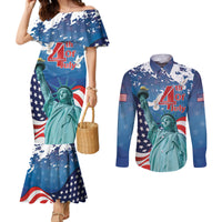 United States 4th Of July Couples Matching Mermaid Dress and Long Sleeve Button Shirt USA Statue of Liberty Proud