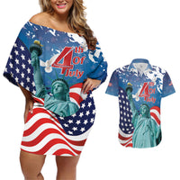 United States 4th Of July Couples Matching Off Shoulder Short Dress and Hawaiian Shirt USA Statue of Liberty Proud - Wonder Print Shop