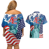 United States 4th Of July Couples Matching Off Shoulder Short Dress and Hawaiian Shirt USA Statue of Liberty Proud - Wonder Print Shop