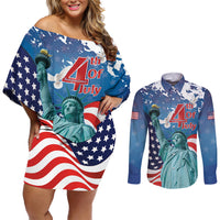 United States 4th Of July Couples Matching Off Shoulder Short Dress and Long Sleeve Button Shirt USA Statue of Liberty Proud - Wonder Print Shop