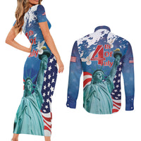 United States 4th Of July Couples Matching Short Sleeve Bodycon Dress and Long Sleeve Button Shirt USA Statue of Liberty Proud - Wonder Print Shop