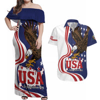 United States Independence Day Couples Matching Off Shoulder Maxi Dress and Hawaiian Shirt USA Bald Eagle Happy 4th Of July - Wonder Print Shop
