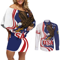 United States Independence Day Couples Matching Off Shoulder Short Dress and Long Sleeve Button Shirt USA Bald Eagle Happy 4th Of July - Wonder Print Shop