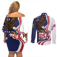United States Independence Day Couples Matching Off Shoulder Short Dress and Long Sleeve Button Shirt USA Bald Eagle Happy 4th Of July - Wonder Print Shop