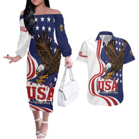 United States Independence Day Couples Matching Off The Shoulder Long Sleeve Dress and Hawaiian Shirt USA Bald Eagle Happy 4th Of July - Wonder Print Shop