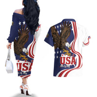 United States Independence Day Couples Matching Off The Shoulder Long Sleeve Dress and Hawaiian Shirt USA Bald Eagle Happy 4th Of July - Wonder Print Shop