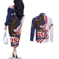 United States Independence Day Couples Matching Off The Shoulder Long Sleeve Dress and Long Sleeve Button Shirt USA Bald Eagle Happy 4th Of July