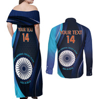 Custom India Cricket Couples Matching Off Shoulder Maxi Dress and Long Sleeve Button Shirt 2024 World Cup Go Men in Blue - Wonder Print Shop