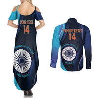 Custom India Cricket Couples Matching Summer Maxi Dress and Long Sleeve Button Shirt 2024 World Cup Go Men in Blue - Wonder Print Shop