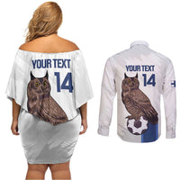 Custom Finland Football Couples Matching Off Shoulder Short Dress and Long Sleeve Button Shirt Suomi Come On Huuhkajat