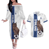 Custom Finland Football Couples Matching Off The Shoulder Long Sleeve Dress and Hawaiian Shirt Suomi Come On Huuhkajat