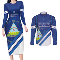 Custom Nicaragua Football Couples Matching Long Sleeve Bodycon Dress and Long Sleeve Button Shirt Vamos Los Pinoleros