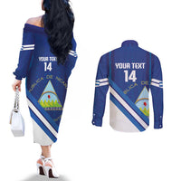 Custom Nicaragua Football Couples Matching Off The Shoulder Long Sleeve Dress and Long Sleeve Button Shirt Vamos Los Pinoleros