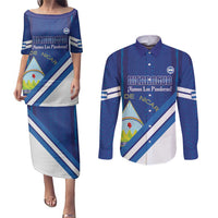 Custom Nicaragua Football Couples Matching Puletasi and Long Sleeve Button Shirt Vamos Los Pinoleros
