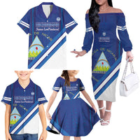 Custom Nicaragua Football Family Matching Off The Shoulder Long Sleeve Dress and Hawaiian Shirt Vamos Los Pinoleros