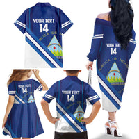 Custom Nicaragua Football Family Matching Off The Shoulder Long Sleeve Dress and Hawaiian Shirt Vamos Los Pinoleros