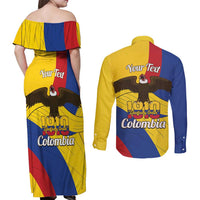 Personalised Colombia Independence Day Couples Matching Off Shoulder Maxi Dress and Long Sleeve Button Shirt 1810 Libertad y Orden