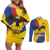 Personalised Colombia Independence Day Couples Matching Off Shoulder Short Dress and Long Sleeve Button Shirt 1810 Libertad y Orden