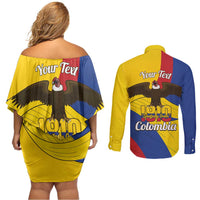 Personalised Colombia Independence Day Couples Matching Off Shoulder Short Dress and Long Sleeve Button Shirt 1810 Libertad y Orden