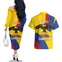 Personalised Colombia Independence Day Couples Matching Off The Shoulder Long Sleeve Dress and Hawaiian Shirt 1810 Libertad y Orden