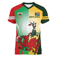 Custom South Africa And Wales Rugby Women V-Neck T-Shirt Springboks Welsh Mascots Dynamic Version - Wonder Print Shop