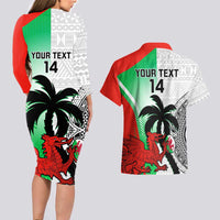 Custom Fiji And Wales Rugby Couples Matching Long Sleeve Bodycon Dress and Hawaiian Shirt Fijian Tapa Welsh Mascots Dynamic Version - Wonder Print Shop