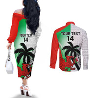 Custom Fiji And Wales Rugby Couples Matching Off The Shoulder Long Sleeve Dress and Long Sleeve Button Shirt Fijian Tapa Welsh Mascots Dynamic Version