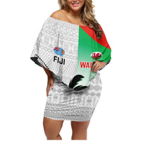Custom Fiji And Wales Rugby Family Matching Off Shoulder Short Dress and Hawaiian Shirt Fijian Tapa Welsh Mascots Dynamic Version - Wonder Print Shop