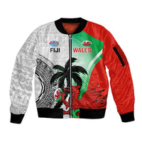 Custom Fiji And Wales Rugby Sleeve Zip Bomber Jacket Fijian Tapa Welsh Mascots Dynamic Version - Wonder Print Shop