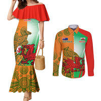 Custom Australia And Wales Rugby Couples Matching Mermaid Dress and Long Sleeve Button Shirt Wallabies Welsh Mascots Dynamic Version