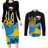 Ukraine Independence Day Couples Matching Long Sleeve Bodycon Dress and Long Sleeve Button Shirt Slava Ukraini Ukrainian Trident With Sunflowers - Wonder Print Shop