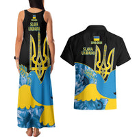 Ukraine Independence Day Couples Matching Tank Maxi Dress and Hawaiian Shirt Slava Ukraini Ukrainian Trident With Sunflowers - Wonder Print Shop