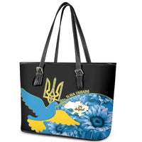 Ukraine Independence Day Leather Tote Bag Slava Ukraini Ukrainian Trident With Sunflowers - Wonder Print Shop