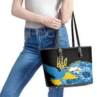 Ukraine Independence Day Leather Tote Bag Slava Ukraini Ukrainian Trident With Sunflowers - Wonder Print Shop