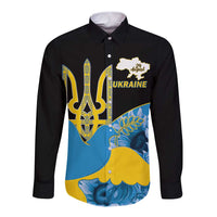 Ukraine Independence Day Long Sleeve Button Shirt Slava Ukraini Ukrainian Trident With Sunflowers - Wonder Print Shop