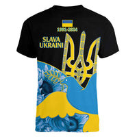 Ukraine Independence Day Women V-Neck T-Shirt Slava Ukraini Ukrainian Trident With Sunflowers - Wonder Print Shop